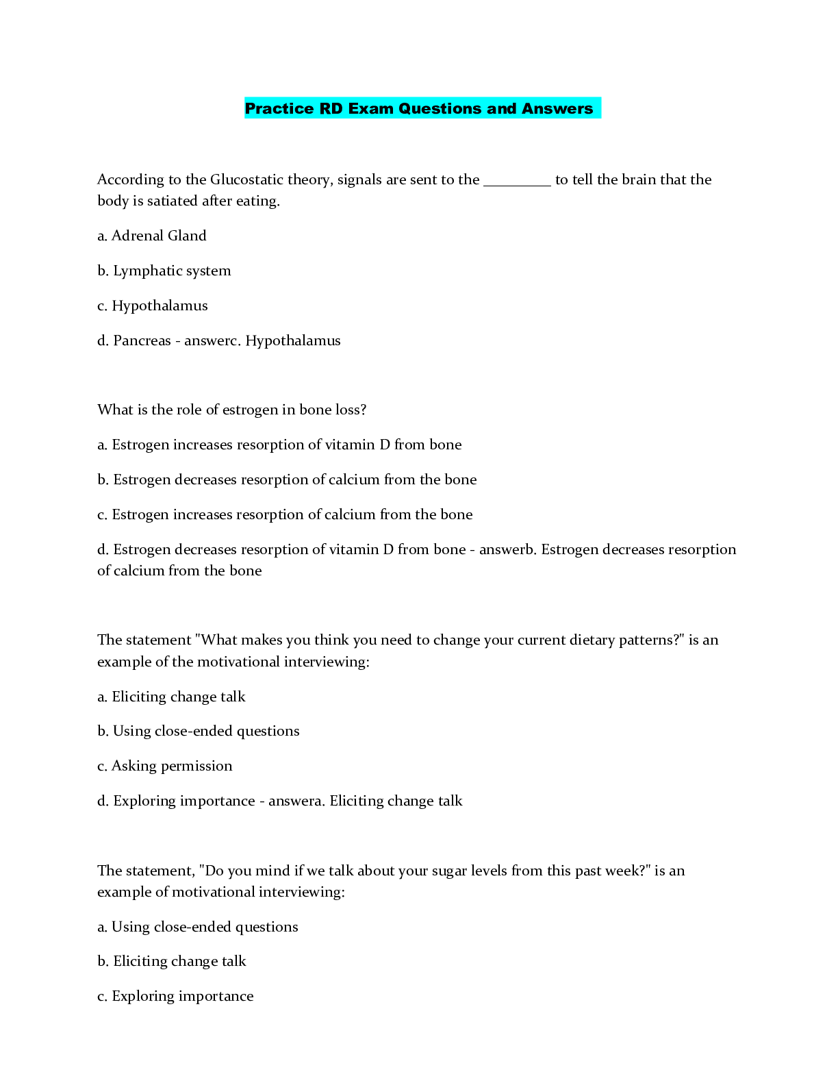 Preview image of Practice RD Exam Questions and Answers document